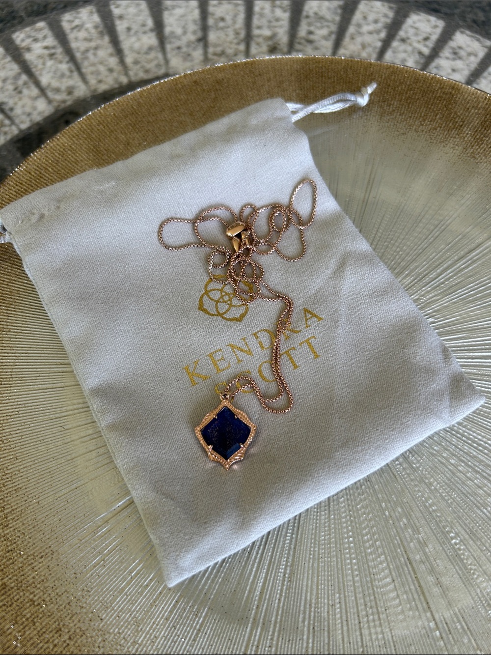 Kendra Scott Rose Gold Necklace with Dark Blue glitter Stone